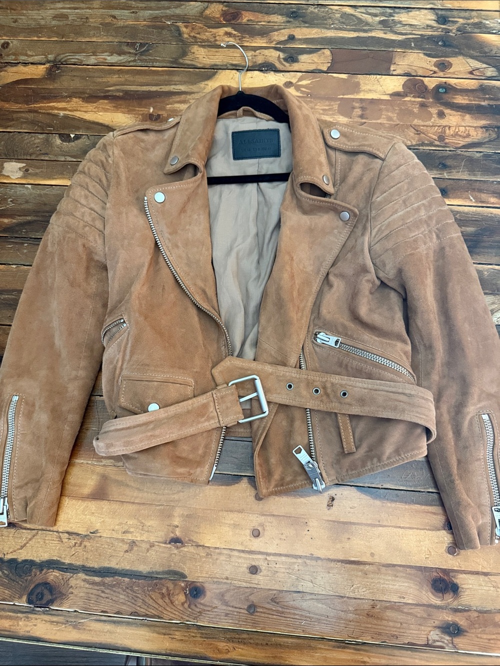 Allsaints Moto Belted Jacket in Tan